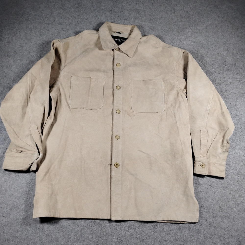 Kenneth Cole New York Mens Medium Pig Suede Button Down Shirt Jacket Tan Beige